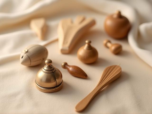 Close-up of various chimes and small percussion instruments meticulously arranged on a wooden surface, ready for a healing session.